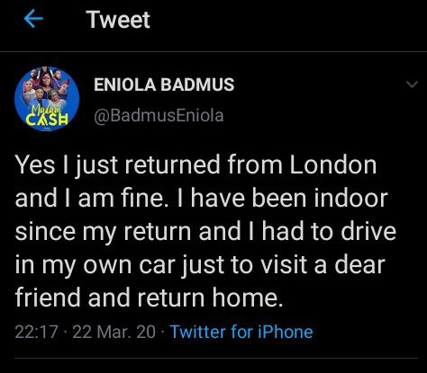 Eniola Badmus called out for not self-isolating after returning from UK 