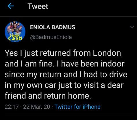 Eniola Badmus called out for not self-isolating after returning from UK