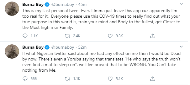 Burna Boy quits Twitter again after being dragged