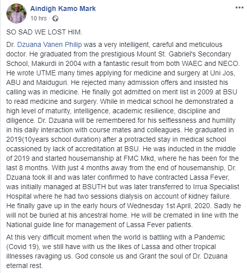 Nigerian doctor dies of Lassa Fever, few months to the end of his housemanship