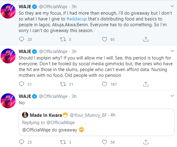 Waje explains why she will not join her colleagues in doing giveaway online during Coronavirus lockdown