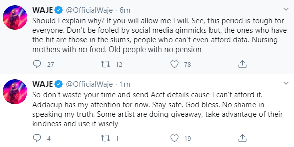Waje explains why she will not join her colleagues in doing giveaway online during Coronavirus lockdown