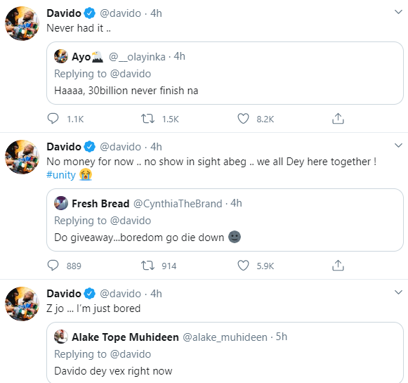 Davido reveals why he cannot do giveaway during Coronavirus lockdown