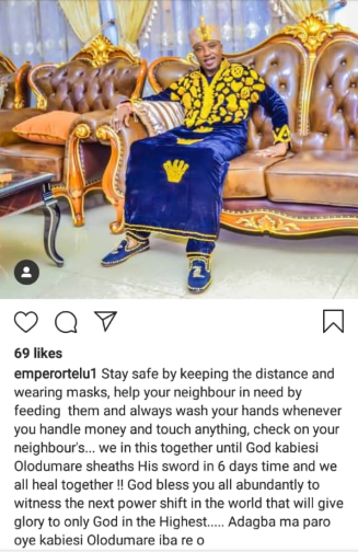 Coronavirus: Suspended Oluwo of Iwo assures Nigerians that God will shealth his sword in 6 days time