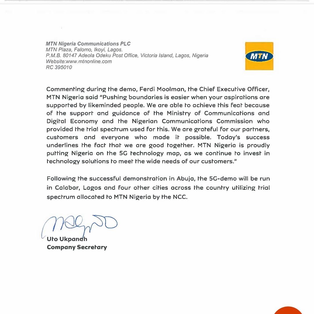 MTN Nigeria tested 5G in Nigeria without license