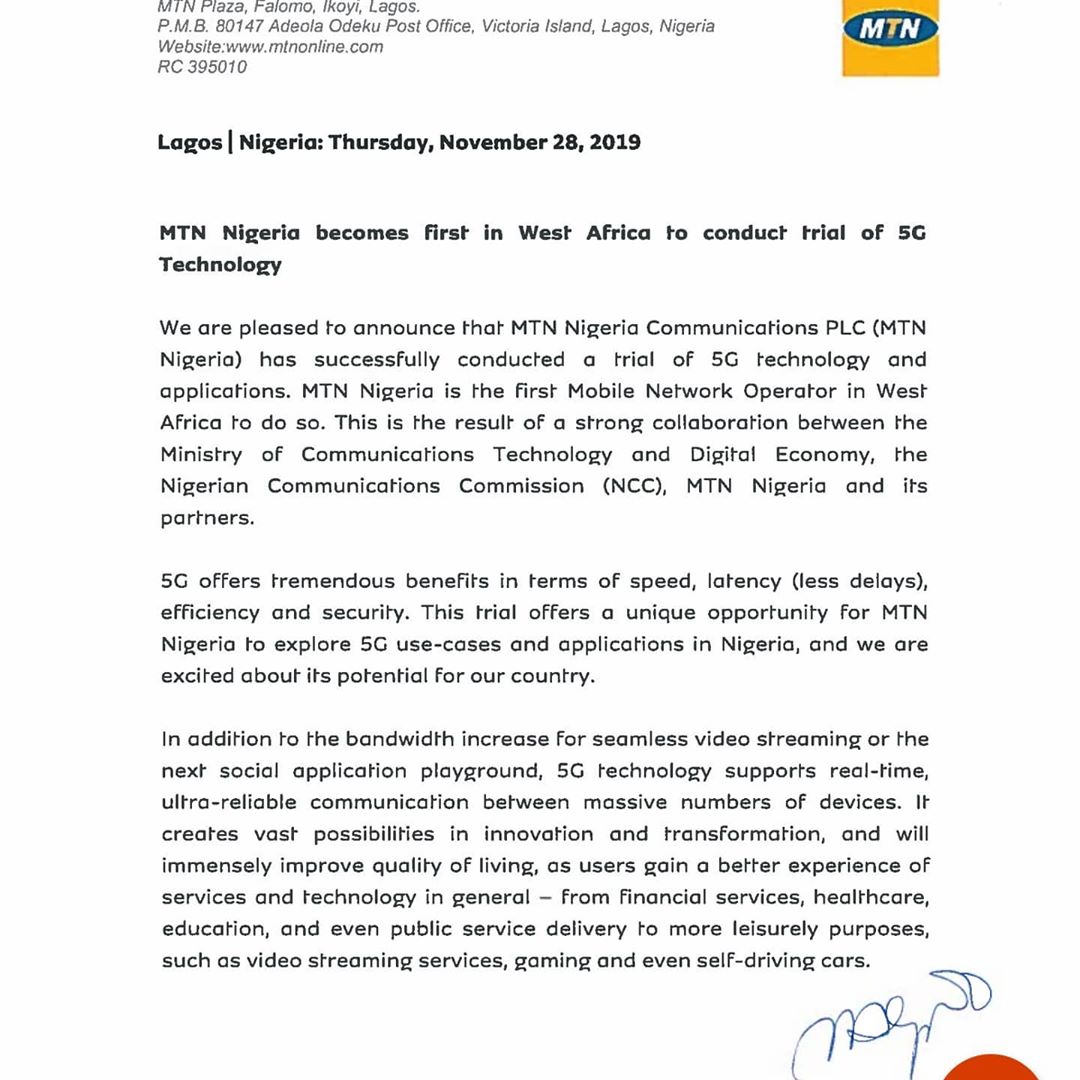 MTN Nigeria tested 5G in Nigeria without license