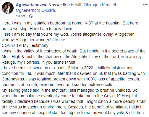 Nigerian man diagnosed with Coronavirus in the UK, shares his near-death experience as he recuperates