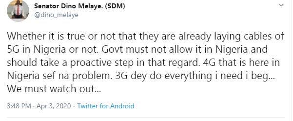 Say no to 5G network, Dino Melaye protests