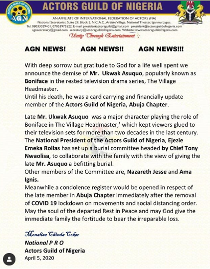 Actor, Ukwak Asuquo, who played Boniface in Village Headmaster, has died