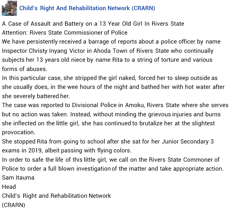 Female police officer accused of dousing her 13-year-year-old niece with hot water in Rivers state