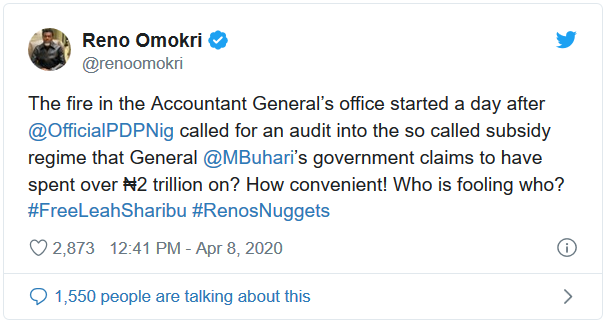 Reno Omokri reacts to the fire outbreak at Accountant Generals office