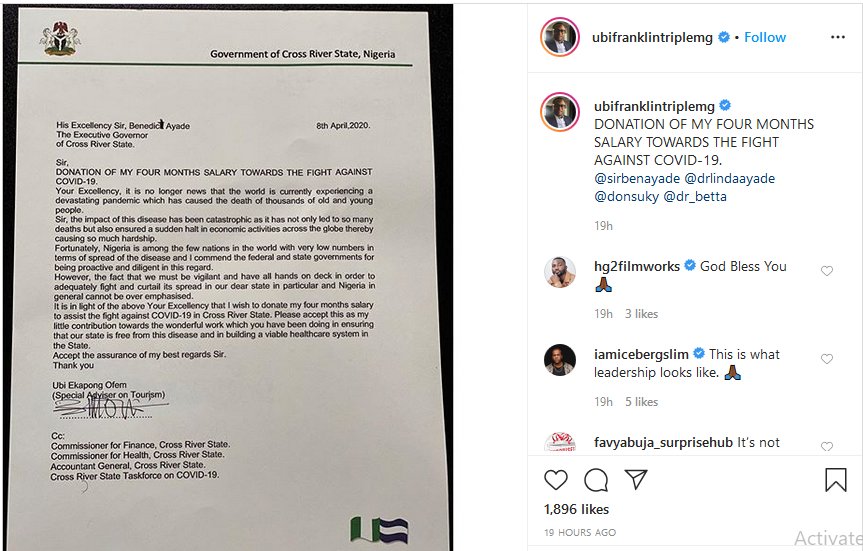 Ubi Franklin donates four months salary to help Cross Rivers battle COVID-19