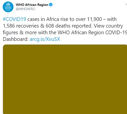 COVID-19 cases in Africa rise to over 11,900 with 608 deaths, WHO reveals