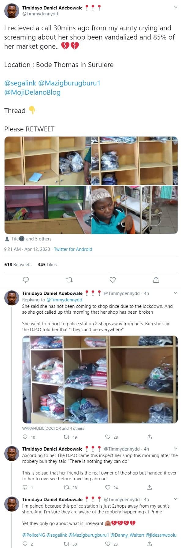 Lockdown: Woman cries out after her shop was vandalised in Lagos