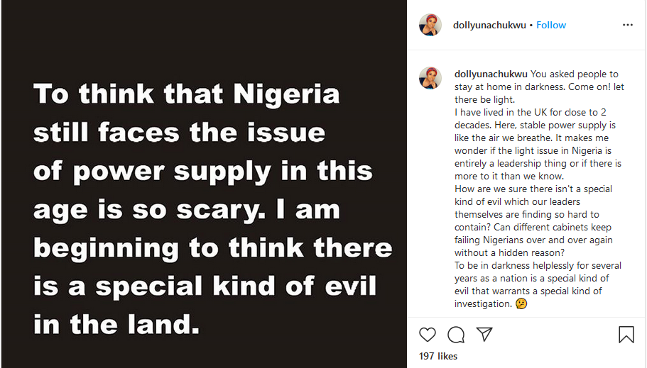 Actress Dolly Unachukwu complains about poor power supply in Nigeria