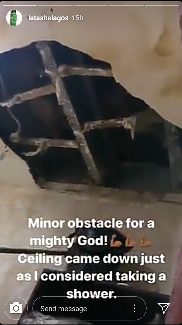 Latasha Ngwube escapes harm as her bathroom ceiling collapses