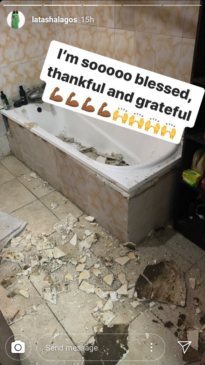 Latasha Ngwube escapes harm as her bathroom ceiling collapses