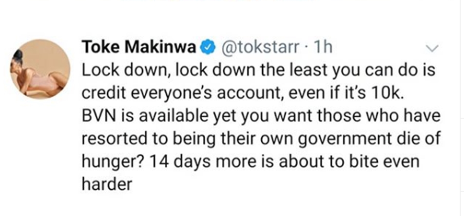 Lockdown: Credit everyone's account even if it's N10k, Toke Makinwa tells FG