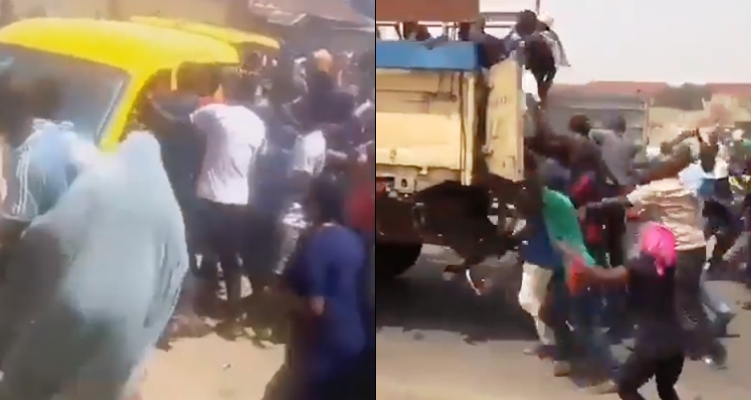 Video: Hungry Nigerians attack bus conveying bread, truck carrying bags of rice
