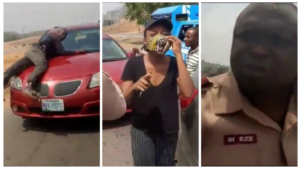 VIDEO: Policeman spotted on bonnet of speeding vehicle of a lady who refused to stop for security operatives