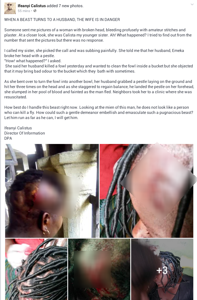 PHOTOS: Nigerian man flees after breaking his wife's head with pestle