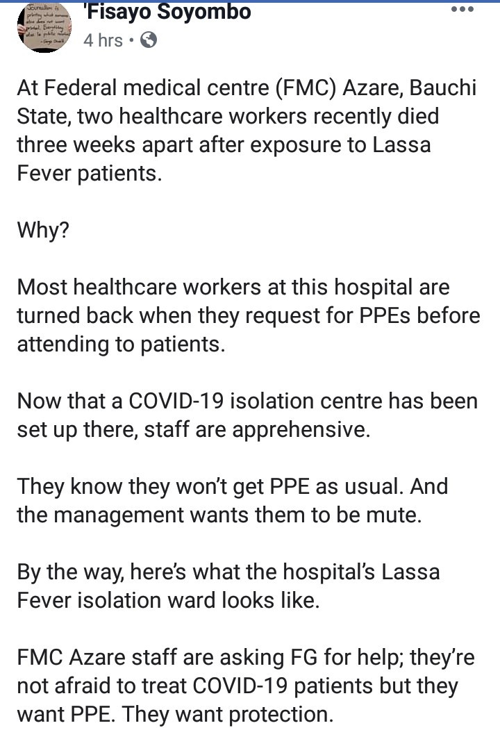 Health workers in FMC, Bauchi appeal for protection as they are made to work without PPE despite loss of two doctors