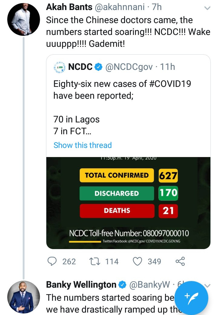 Banky W schools Akah Nnani after the media personality hinted that the increase in COVID-19 cases began after Chinese doctors arrived Nigeria