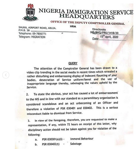 Nigerian Immigration Service Officers Allegedly Queried For Partaking In A Social Media Challenge