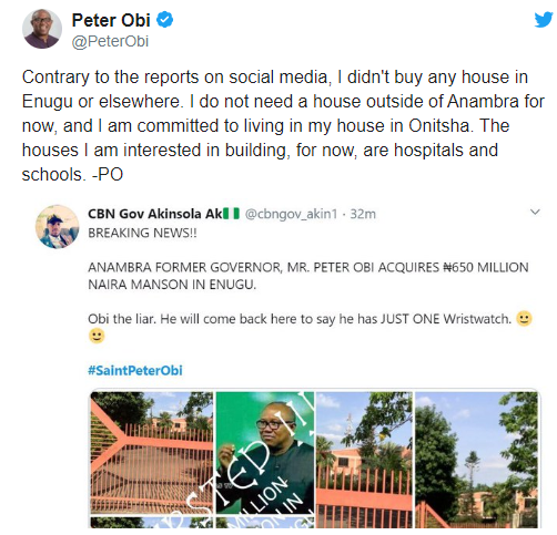Peter Obi denies buying N650m mansion in Enugu