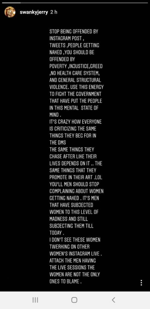 Stop being offended by naked girls on IG, fight government with same energy, Swanky Jerry says