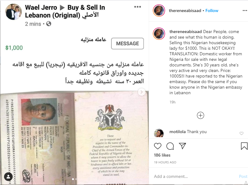 Lebanese national allegedly puts up a Nigerian lady for sale in Lebanon