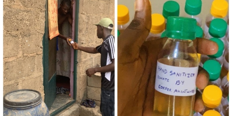 PHOTO: Corps member donates hand sanitisers in Ogun