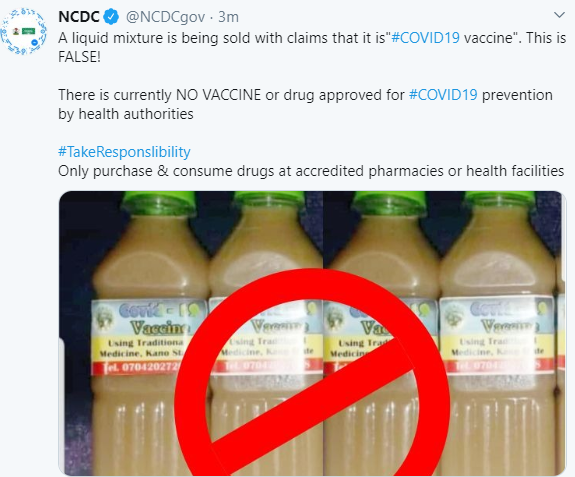 NCDC shares photo of the fake COVID19 vaccine some Kano state residents are ingesting