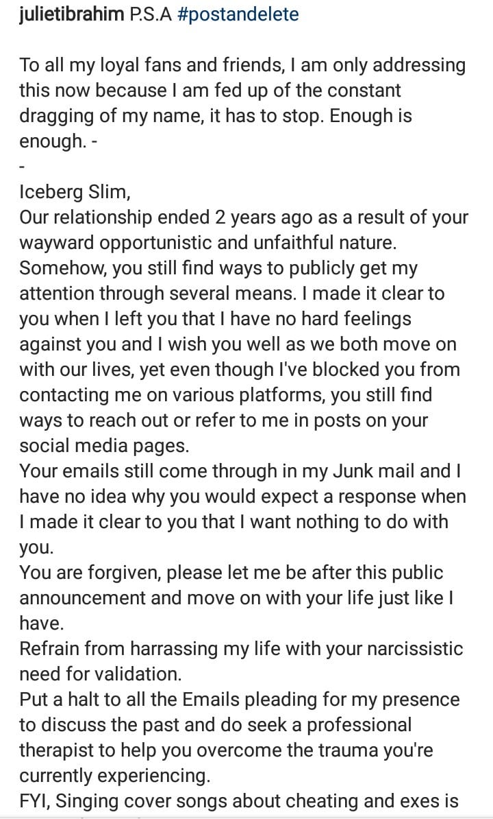 ‘Refrain from harassing my life’, Juliet Ibrahim warns ex-boyfriend Iceberg Slim