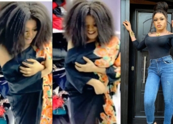 Bobrisky grabs his ‘padded chest’ as they almost fall off the bra in new video
