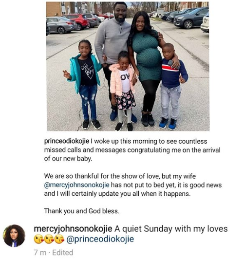Mercy Johnson's hubby, Prince Odi Okojie, debunks rumors she has welcomed their 4th child