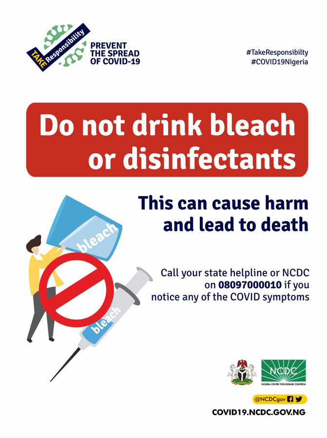 NCDC warns Nigerians against drinking bleach to treat COVID-19