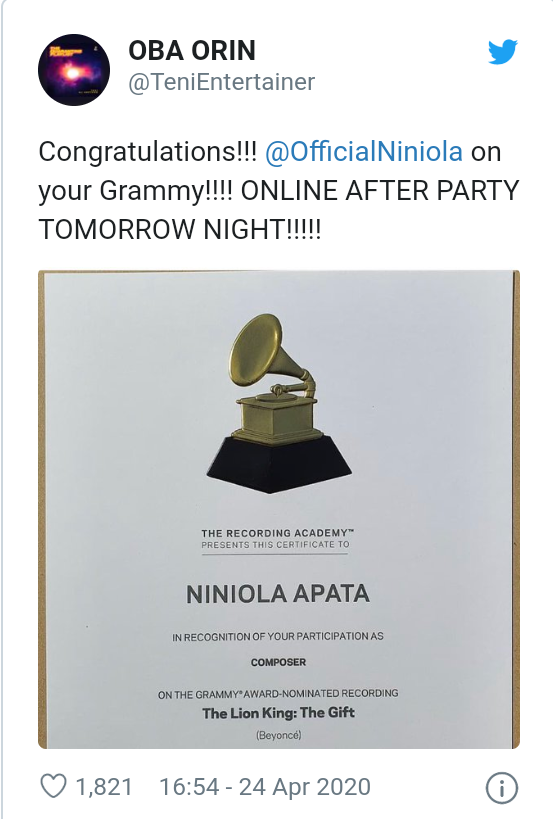 Niniola receives Grammy certificate for work on Beyonce’s album