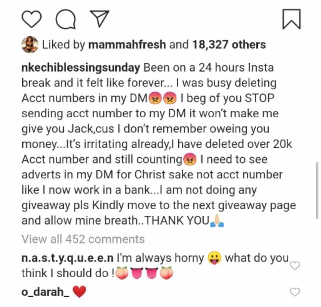 “Stop sending account numbers to my DM”, Nkechi Blessing warns