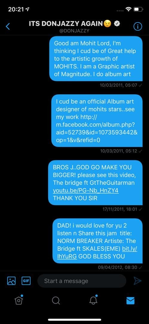Adekunle Gold shares the DMs he sent to Don Jazzy 9 years ago to beg for a job as a graphics artist
