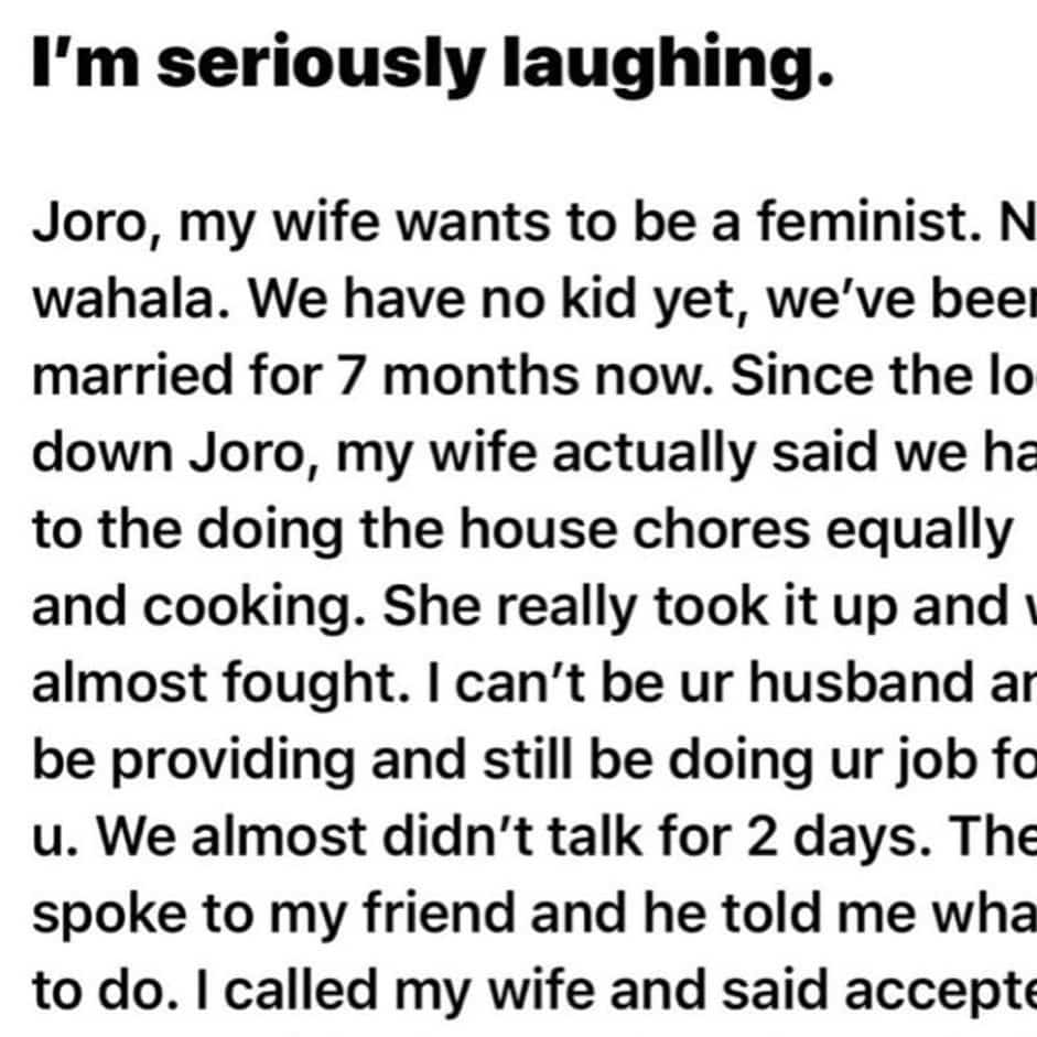 Man narrates how he taught feminist wife bitter lessons by following her rules