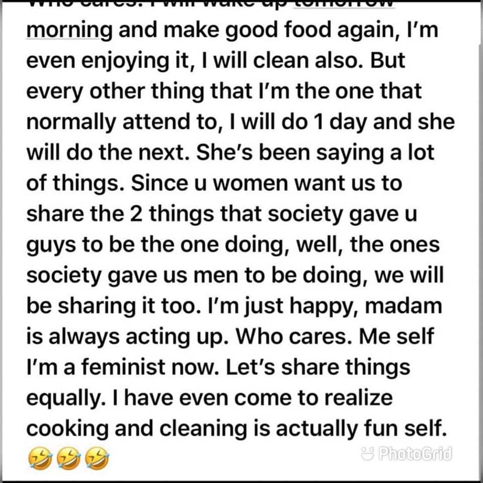 Man narrates how he taught feminist wife bitter lessons by following her rules