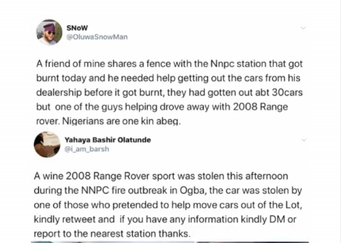 NNPC Fire: Fake Good Samaritan absconds with Range Rover in Lagos
