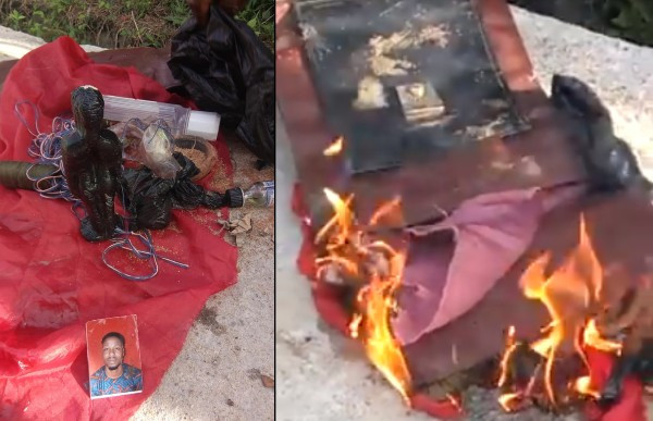 VIDEO: Moment a bag containing a man's photo, moulded image and voodoo items were forgotten in a Keke Napep