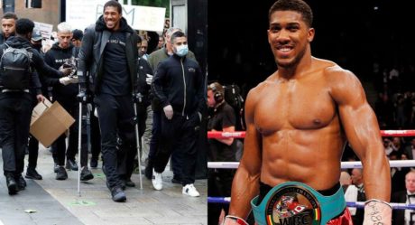 Photos: Boxing champion, Anthony Joshua spotted walking with crutches during racial injustice protest