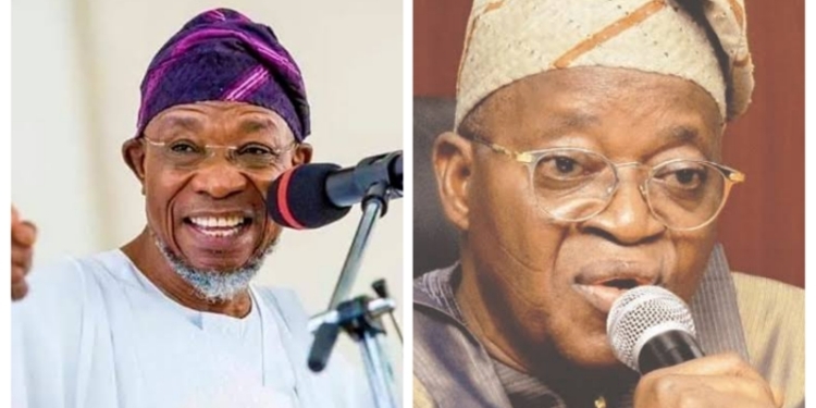 L-R Ex-Governor of Osun State and Minister of Interior, Rauf AREGBESOLA, the Governor of Osun State, Gboyega OYETOLA