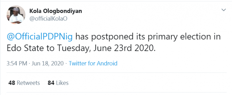 BREAKING: PDP postpones Edo primary over Obaseki