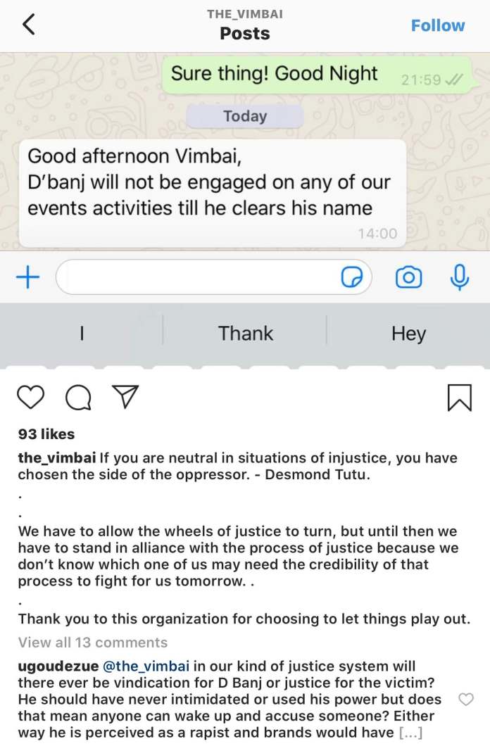 Popular OAP, Vimbai refuses to work with D’Banj till he clears his name as a rapist