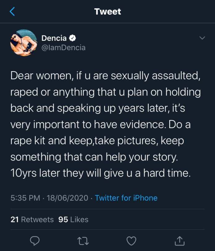 Dencia Advices Rape Victims How To Go About Their Accusation (Photo)
