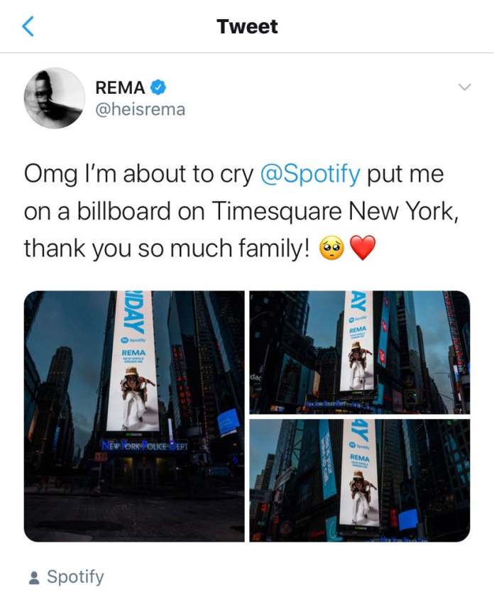 Rema featured on New York billboard